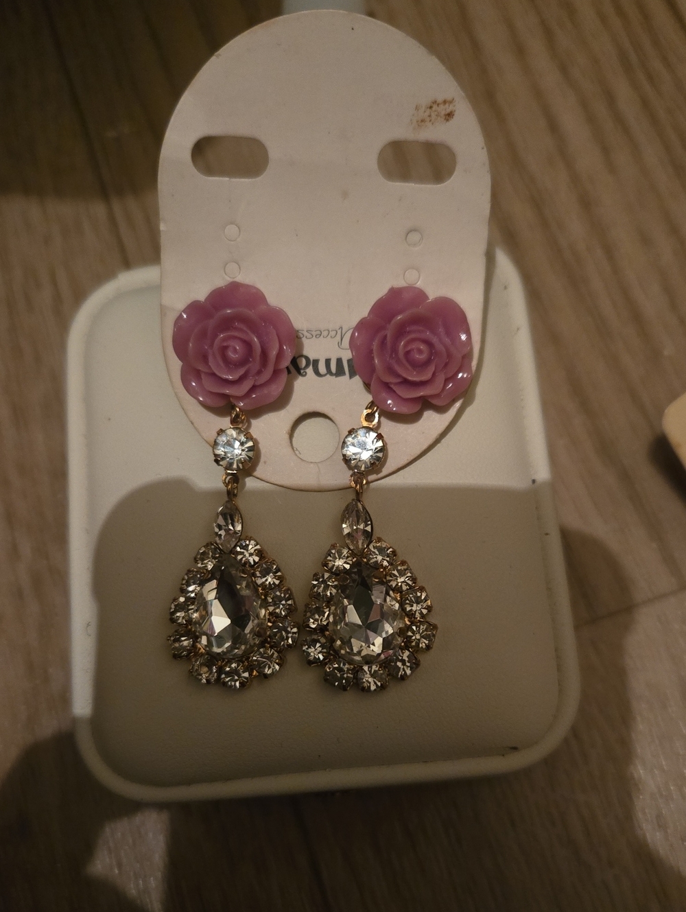 Pink Rose Drop Crystal Teardrop Earrings - Unbranded